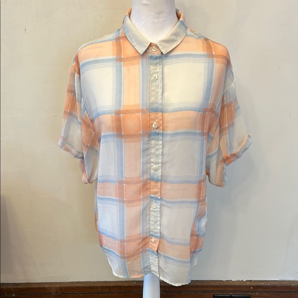 Splendid Orange and Blue Plaid sheer Button-Up blouse Size M EUC